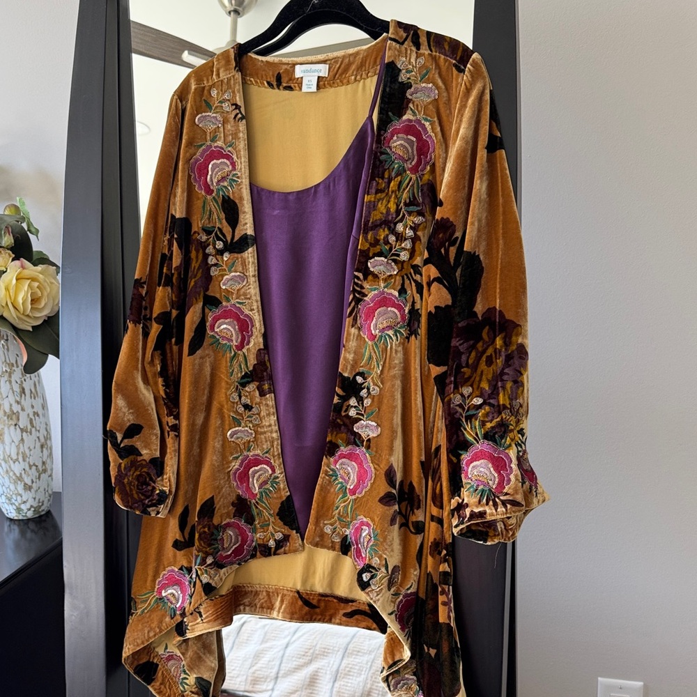 Sundance Velvet Open-Front Embroidered Floral Jacket in Golden Brown and Purple
